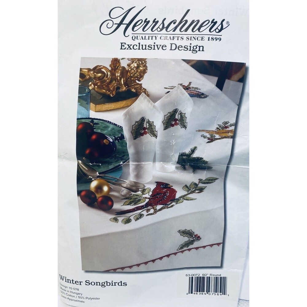Herrschners WINTER SONGBIRDS stamped cross stitch TABLECLOTH #10-078 60” Round
